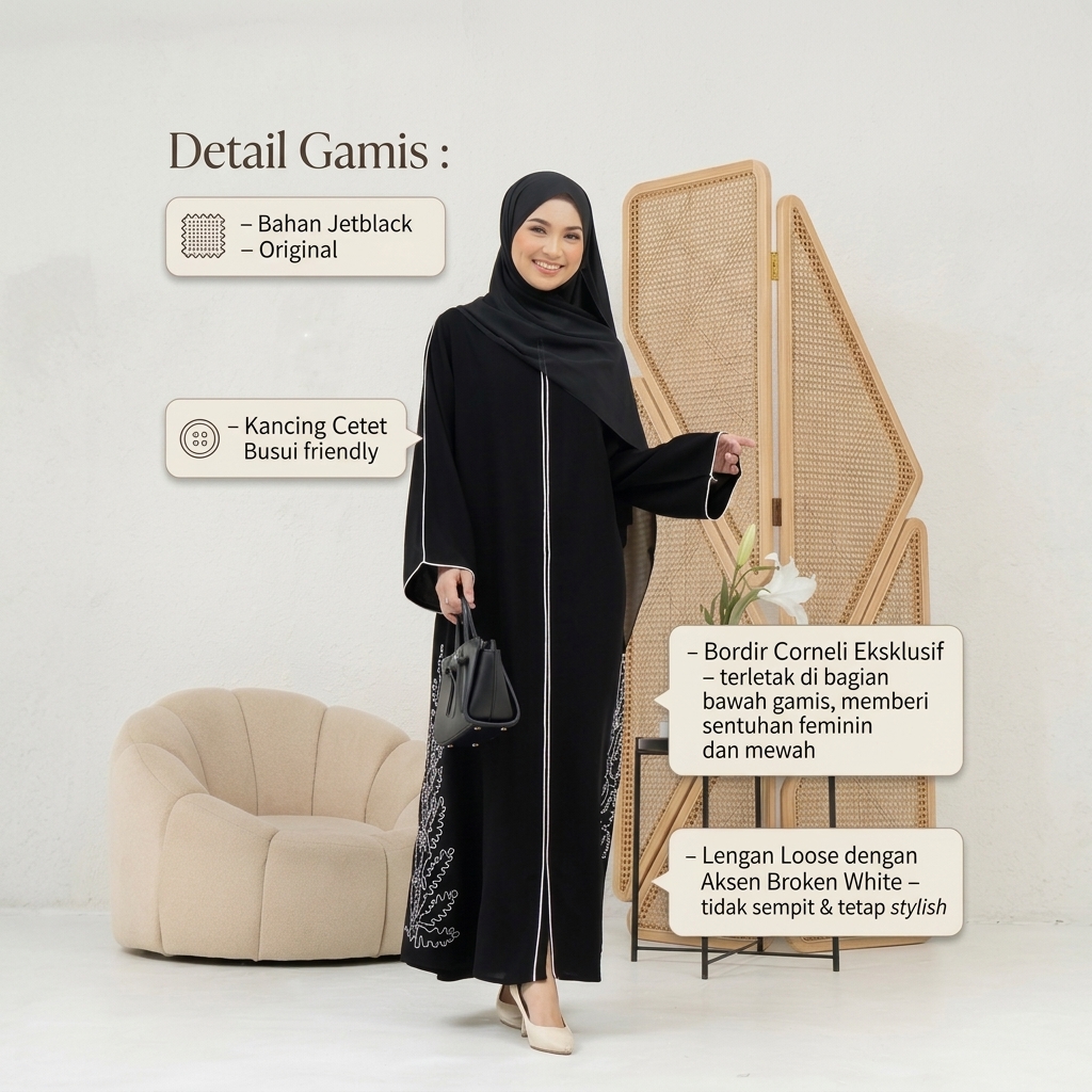 SHABIYAN 617 Abaya Bordir Jetblack Haji dan Umrah Busui